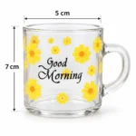 ⁦مج زجاج شفاف Good Morning بزهور صفراء – مقاس 7 × 5 سم بتصميم أنيق⁩ - الصورة ⁦3⁩