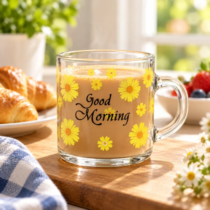 مج زجاج شفاف Good Morning بزهور صفراء