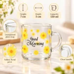 ⁦مج زجاج شفاف Good Morning بزهور صفراء – مقاس 7 × 5 سم بتصميم أنيق⁩ - الصورة ⁦2⁩