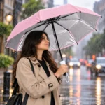 ⁦مظلة شمس ومطر قابلة للطي بينك بتصميم زجاجة وطبقة داخلية فضية – الابعاد 4.5 × 4.5 × 26 سم⁩ - الصورة ⁦2⁩