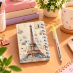 نوت ميني سلك مع قلم بتصميم برج إيفل كلاسيك بيج – مقاس 11 × 9 سم وقلم 10 سم - الصورة 4