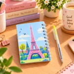 نوت ميني سلك مع قلم بتصميم برج إيفل بينك ورسومات كرتونية – مقاس 11 × 9 سم وقلم 10 سم - الصورة 3