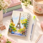 نوت ميني سلك مع قلم بتصميم برج إيفل ومناظر طبيعية ملونة – مقاس 11 × 9 سم وقلم 10 سم - الصورة 2