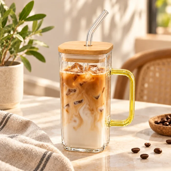 مج زجاج شفاف بغطاء خشب وشاليموه زجاج