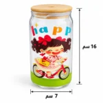 كوب زجاج بغطاء خشبي وشاليموه 550 مل بتصميم بنت على دراجة – 16 × 7 سم - الصورة 2