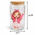 كوب زجاج بغطاء خشبي وشاليموه 550 مل بتصميم بنت كرتونية بالفيونكة – 16 × 7 سم - الصورة 2