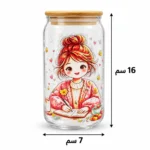⁦كوب زجاج بغطاء خشبي وشاليموه 550 مل بتصميم فتاة كرتونية تذاكر – 16 × 7 سم⁩ - الصورة ⁦2⁩