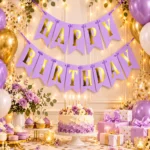 ⁦فرع زينه Happy Birthday حروف ذهبية باللون الموف أبعاد الحرف 17*12 سم⁩ - الصورة ⁦2⁩