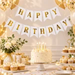 ⁦فرع زينه Happy Birthday حروف ذهبية باللون الأبيض أبعاد الحرف 17*12 سم⁩ - الصورة ⁦2⁩