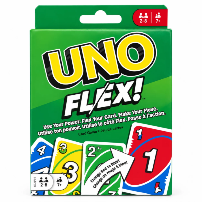 لعبة أونو فليكس UNO FLEX من Mattel – 110 كارت بوجهين وكروت قوة لـ 2 إلى 8 لاعبين
