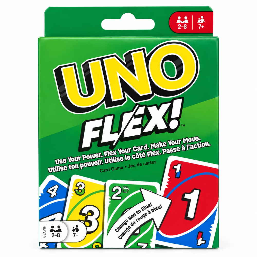 اونو فليكس (1) لعبة أونو فليكس UNO FLEX من Mattel – 110 كارت بوجهين وكروت قوة لـ 2 إلى 8 لاعبين