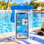 جراب موبايل ضد الماء أزرق IPX8 بقفل أمان مزدوج وحبل تعليق قابل للتعديل – 20 × 10 سم - الصورة 4
