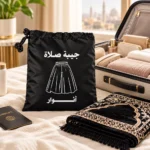 ⁦جيبة صلاة أنوار أسود 2 قطعة – خفيفة الوزن ومقاومة للماء بوسط مطاطي مريح مع كيس للحفظ والسفر والعمرة⁩ - الصورة ⁦3⁩