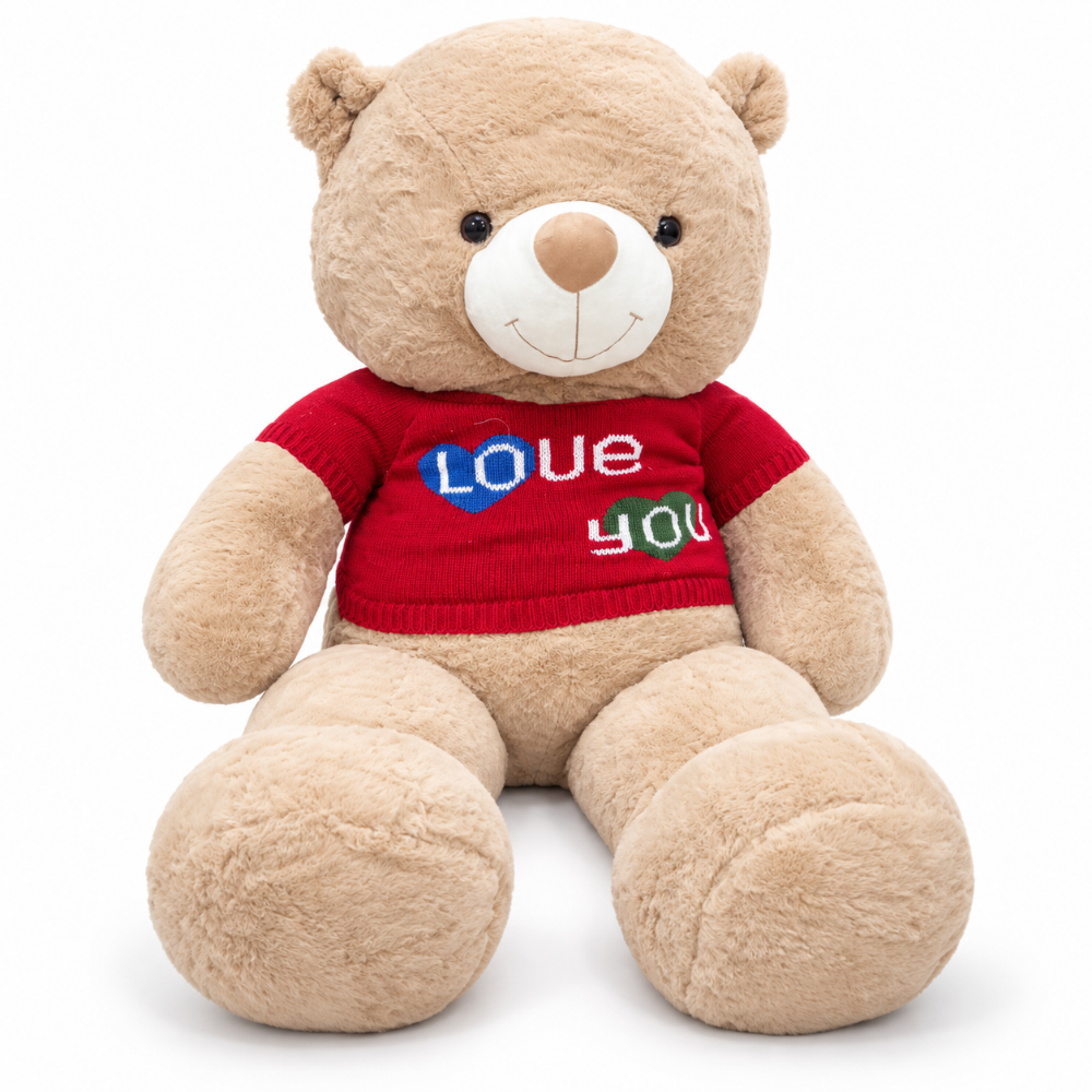 دبدوب دبه جامبو بني (1) دبدوب جامبو بني فاتح ببلوفر أحمر LOVE YOU – دبدوب قطيفة عملاق 100 سم للهدايا والمناسبات