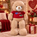 دبدوب جامبو بني فاتح ببلوفر أحمر LOVE YOU – دبدوب قطيفة عملاق 100 سم للهدايا والمناسبات - الصورة 4