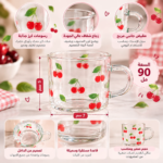 فنجان زجاج شفاف 90 مل برسومات كرز أحمر وأوراق خضراء بمقبض جانبي - الصورة 2