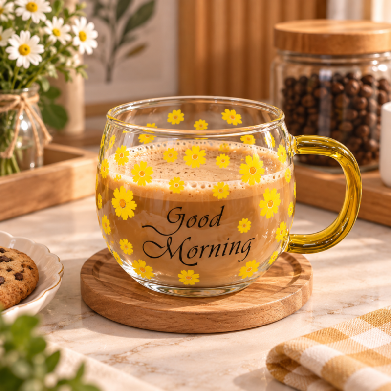 مج زجاج شفاف 380 مل برسومات زهور صفراء وعبارة Good Morning بمقبض ذهبي