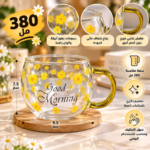 مج زجاج شفاف 380 مل برسومات زهور صفراء وعبارة Good Morning بمقبض ذهبي - الصورة 2