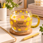 مج زجاج شفاف 380 مل برسومات زهور صفراء وعبارة Good Morning بمقبض ذهبي - الصورة 4