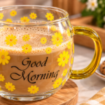 مج زجاج شفاف 380 مل برسومات زهور صفراء وعبارة Good Morning بمقبض ذهبي - الصورة 3