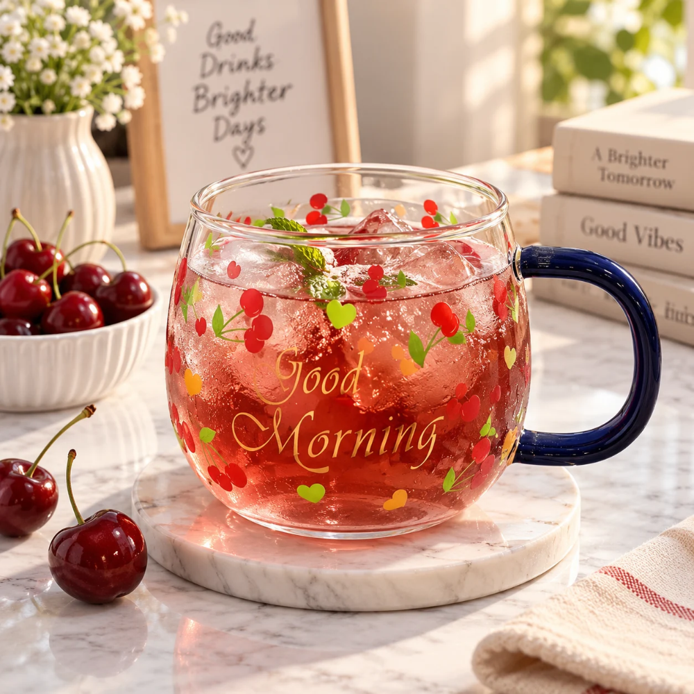 مج بيضاوي كريزه (1) مج زجاج شفاف بيضاوي بطبعة الكرز Good Morning ومقبض كحلي – سعة 380 مل