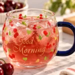 مج زجاج شفاف بيضاوي بطبعة الكرز Good Morning ومقبض كحلي – سعة 380 مل - الصورة 4