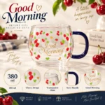 مج زجاج شفاف بيضاوي بطبعة الكرز Good Morning ومقبض كحلي – سعة 380 مل - الصورة 2