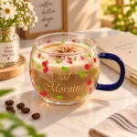 مج زجاج شفاف بيضاوي بطبعة الكرز Good Morning ومقبض كحلي – سعة 380 مل - الصورة 3
