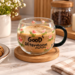 مج زجاج شفاف 380 مل برسومات ورود بينك وعبارة Good Afternoon بمقبض أسود