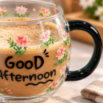 مج زجاج شفاف 380 مل برسومات ورود بينك وعبارة Good Afternoon بمقبض أسود - الصورة 3