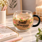 مج زجاج شفاف 380 مل برسومات ورود بينك وعبارة Good Afternoon بمقبض أسود - الصورة 4